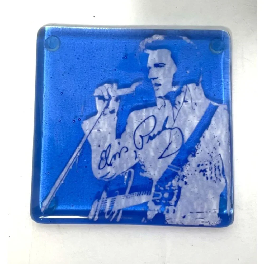 Set Of 2 Fused Glass Coasters Featuring Elvis Presley Designs In Red & Blue